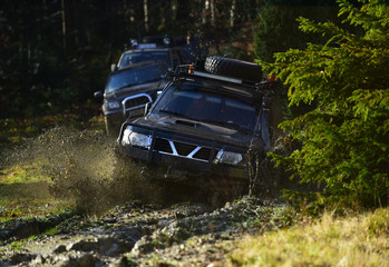 Car racing in autumn forest. Competition, energy and motorsport concept Auto racing on fall nature background. Off road vehicles or SUV overcomes obstacles