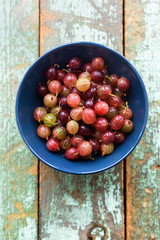 Organic berries. Pink gooseberries in blue bowl on shabby blue wooden background copyspace