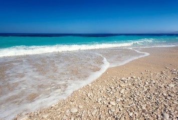 Beautiful beach on coast of Ionian Sea in Albania, Ksamil, Saranda region.