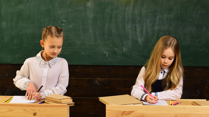 examination. girls are ready to examination. examination preparing. school examination of two pupils. having opportunity to everywhere.