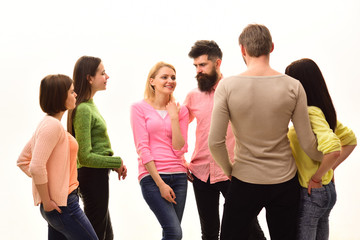 Communication concept. Students, happy friends, couples have fun, white background, isolated. Youth, friends and couples speaking. Young people spend leisure together, cheerful company hangs out