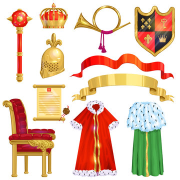 Royalty vector golden royal crown symbol of king queen and princess illustration sign of crowning prince authority set of crown jeweles and throne isolated on white background