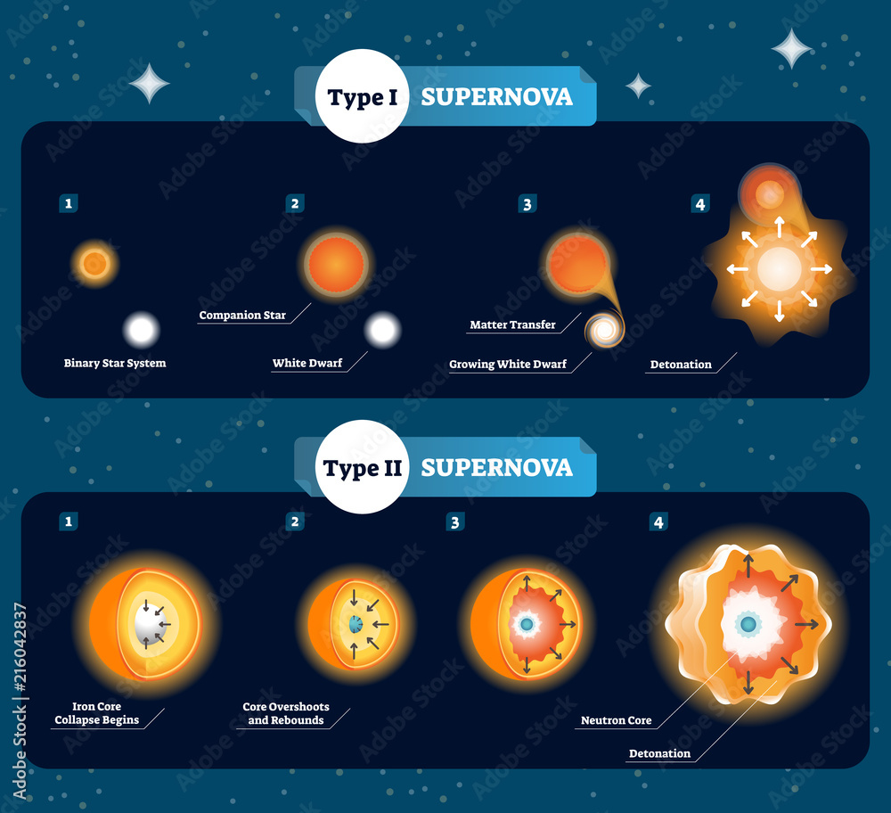 Poster supernova vector illustration. scheme with how stars become to big bang and explosion. explained com