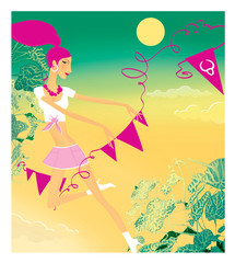Zodiac sports lady. Taurus. A girl in a carnival costume with a garland of flags against a background of tropical thickets.