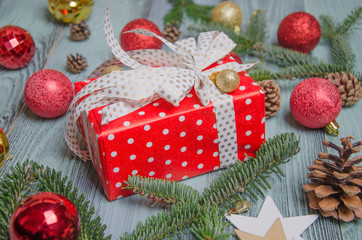 Red luxury New Year gift. Christmas gift. Happy New Year 2017. Christmas background with gift box. Christmastime celebration