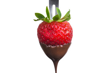 Fondue strawberry soaked in hot black chocolate on a fork isolated on white background