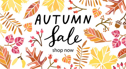 Fototapeta na wymiar Autumn sale vector background. Fall banner, flyer