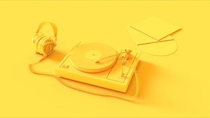 Yellow Vintage Turntable Record Player with Headphones 3d illustration