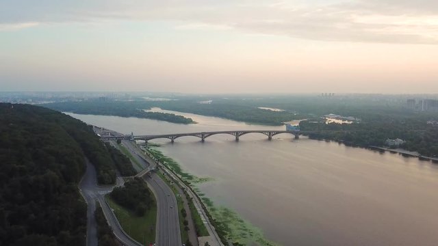 4k aerial shot of Dniepr river in Kyiv, Ukraine