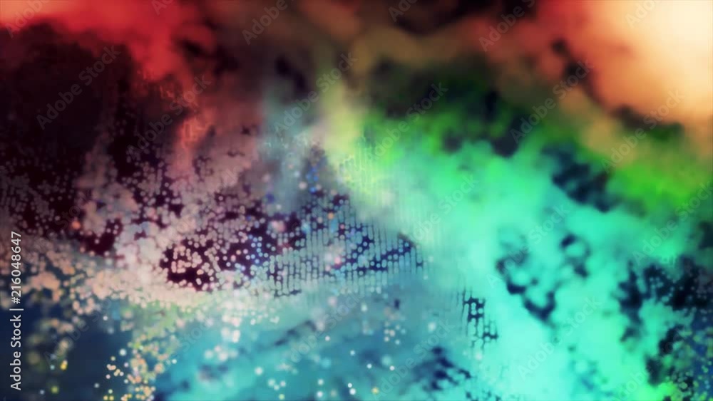 Poster flying through colorful particles, amazing background with vibrations. abstract flying glowing parti