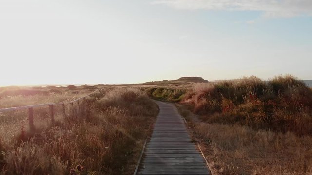 Peacefully walking down a beach path surrounded by tall grass with a fence to one side. There are clouds and a blue sky on the horizon.