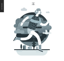 Runners - a man running in the park -flat vector concept illustration of a guy with headphones, t-shirt and shorts. Healthy activity. Park, trees and clouds landscape, black and white