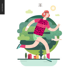 Runners - a man running in the park - flat vector concept illustration of ginger guy with headphones, pink t-shirt and mint green shorts. Healthy activity - green park, trees, drone and house