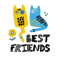 Cat or kitten best friends illustration in scandinavian style. Cartoon animal for poster,decor, book illustration. Cute character.