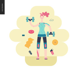 Gym - a girl llifting weights in the gym - flat vector concept illustration of a woman wearing tank top, leggings and kinesio tapes. surrounded by weights, barbell, ball. Healthy concept, gymnasium.