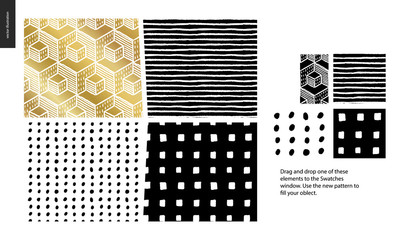 Hand drawn Patterns - a group set of four abstract patterns - black, gold and white. Geometrical lines, dots and shapes - pieces