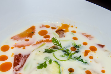 Tom Kha Gai.Chicken, Coconut Soup, Lemongrass, .Mushrooms and Thai Herbs