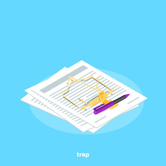 isometric image on a blue background, sheets of paper like a mousetrap and pen