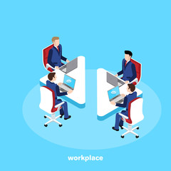 isometric image on a blue background, people in business suits sit behind the workplace and work at the laptop