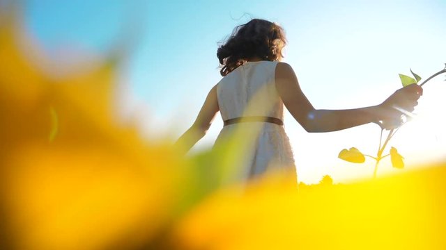 Happy little girl runs happy free across the field with sunflowers. slow motion video. smelling big sunflower on summer field. Delight of a pleasant smell. Summer holiday. concept happiness childhood