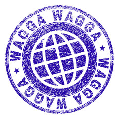WAGGA stamp imprint with grunge texture. Blue vector rubber seal imprint of WAGGA caption with retro texture. Seal has words arranged by circle and globe symbol.