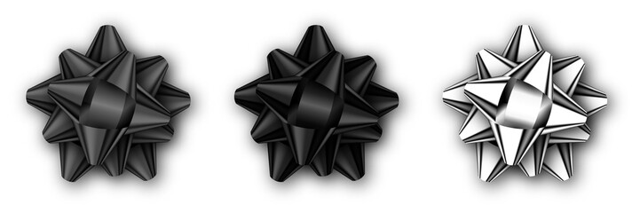 Set of realistic decorative black and silver bow isolated on white with shadow. Template for a business card, banner, poster, notebook, invitation