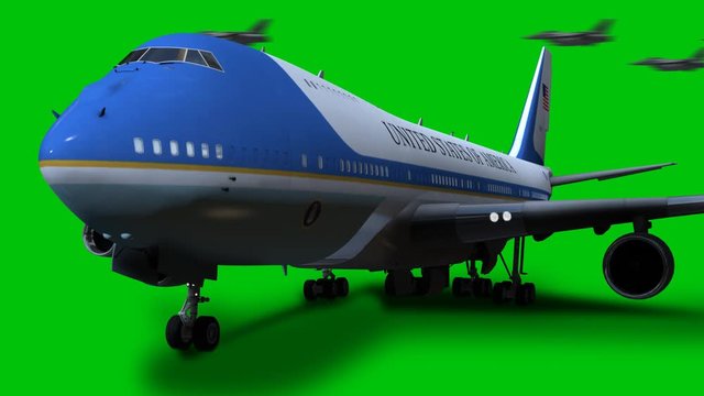 Air Force One on the ground with engines running and military jets doing a fly by in background. All on green screen.