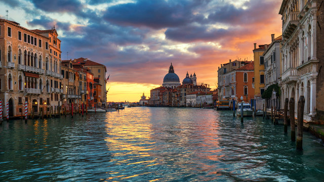 Grand Canal at sunrise in Venice, Italy. Sunrise view of Venice Grand Canal. Architecture and landmarks of Venice. Venice postcard