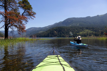 Kayaking in Harrison River during a beautiful and vibrant summer day. Located East of Vancouver, British Columbia, Canada.