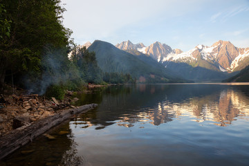 Jones Lake during a vibrant summer sunrise. Located near Chilliwack and Hope, East of Vancouver, BC, Canada.