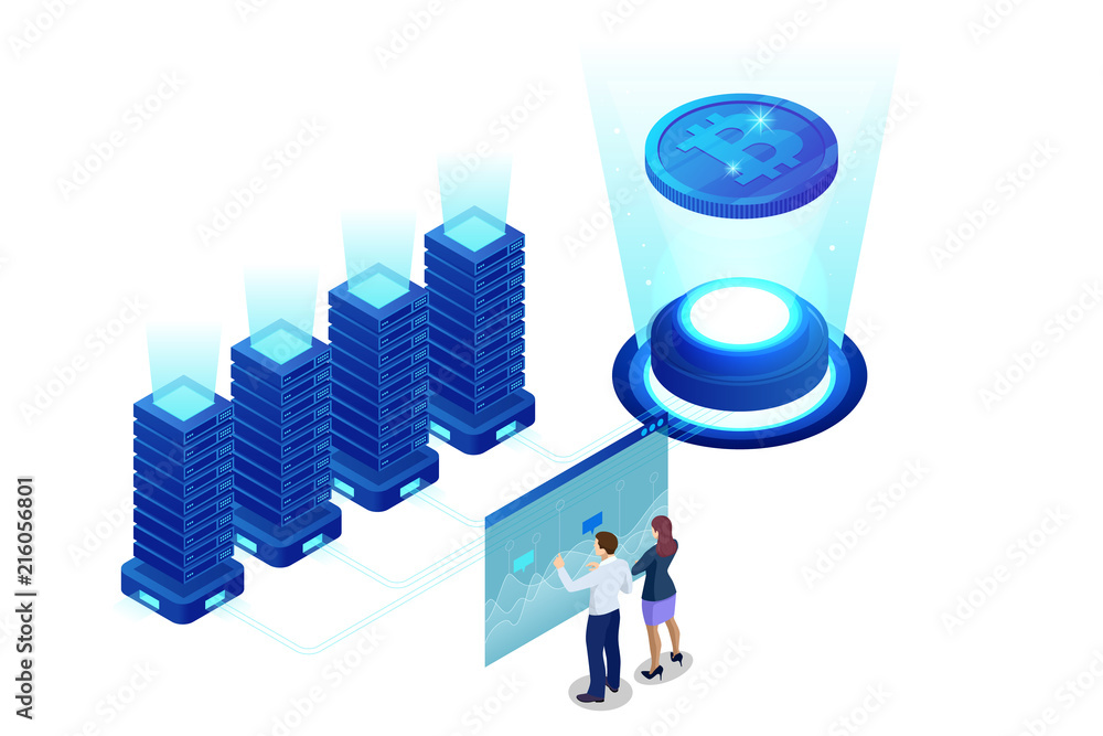 Aufkleber isometric bitcoin mining concept. cryptocurrency and blockchain concept. farm for mining bitcoins. d