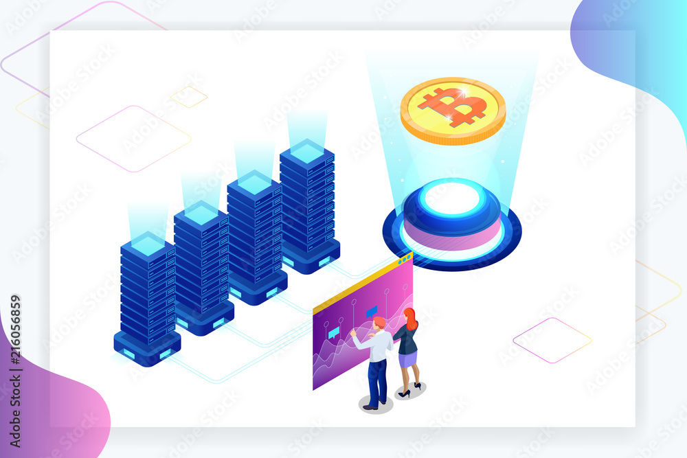 Aufkleber isometric bitcoin mining concept. cryptocurrency and blockchain concept. farm for mining bitcoins. d