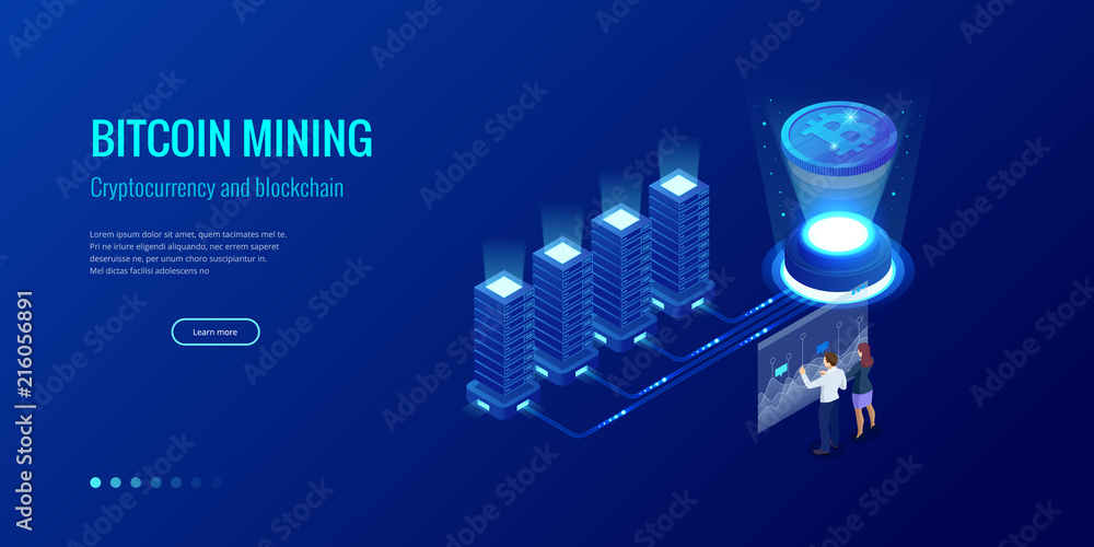 Aufkleber isometric bitcoin mining concept. cryptocurrency and blockchain concept. farm for mining bitcoins. d