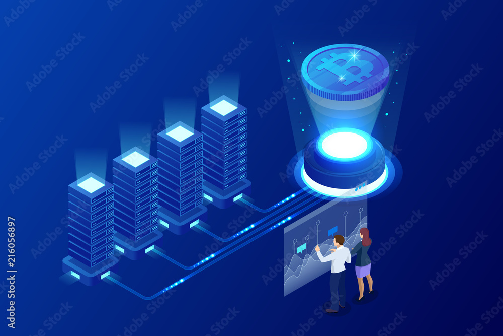 Leinwandbilder isometric bitcoin mining concept. cryptocurrency and blockchain concept. farm for mining bitcoins. d