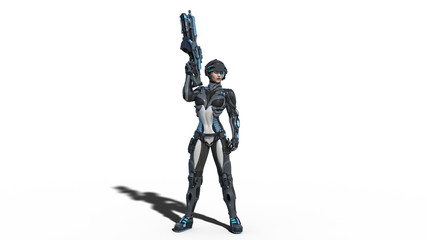 Android female soldier, military cyborg woman armed with rifle standing on white background, sci-fi girl, 3D rendering