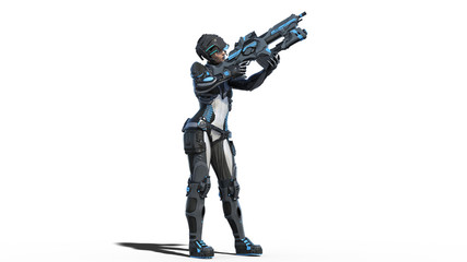 Female android soldier, military cyborg woman armed with rifle shooting on white background, sci-fi girl, 3D rendering