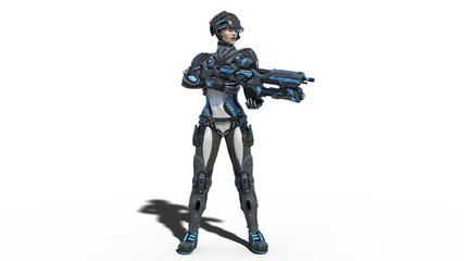 Android female soldier, military cyborg woman armed with rifle on white background, sci-fi girl, 3D rendering