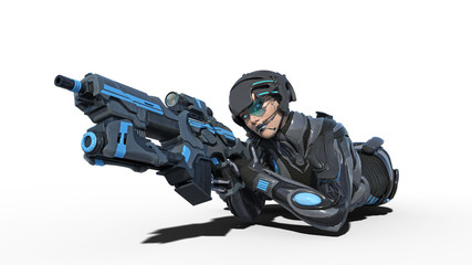 Android female soldier, military cyborg woman armed with rifle laying on white background, sci-fi girl, 3D rendering