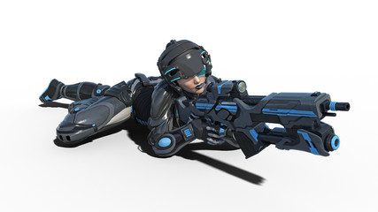 Female android soldier, military cyborg woman armed with rifle laying on white background, sci-fi girl, 3D rendering