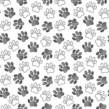 Monochrome Black And White Dog Cat Pet Animal Paw Foot Hand Drawn Ink Sketch Seamless Pattern Texture Background Vector