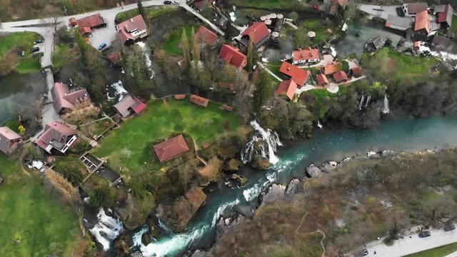 Aerial footage of Rastoke near Plitvice in Croatia.