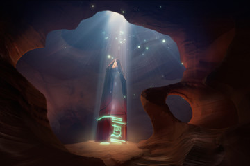 magical obelisk in the cave at night - obrazy, fototapety, plakaty