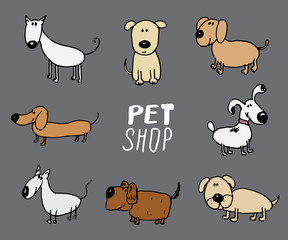 Funny Dogs doodle Set. Hand drawn sketched pets collection Vector Illustration on gray background.