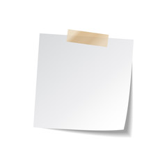 Sticky paper note with tape and shadow isolated on white background. Blank.