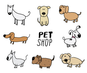 Funny Dogs doodle Set. Hand drawn sketched pets collection Vector Illustration on white background.