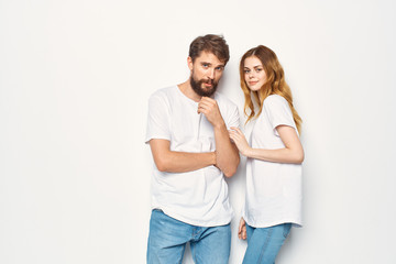 woman man white t-shirt logo