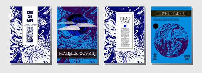 Hawaii Purple Blue Marble Ink Texture Cover Set. A4 Vector Liquid Paint Fashion Magazine Design. Ebru Ink Wash Tropical Package Background. Corporate Identity Exotic Marble Ink Texture Cover.