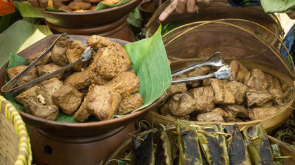 Tempe and tahu bacem are the traditional foods from Indonesia. Made from soya bean Bacem means sweet