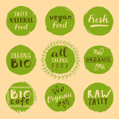 Retro set of  bio, vegan, organic, fresh, raw, tasty natural food labels. Hand drawn logo templates