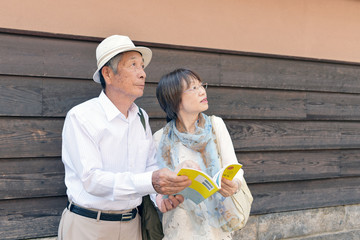 ガイドブックを見て旅行を楽しむシニア夫婦
